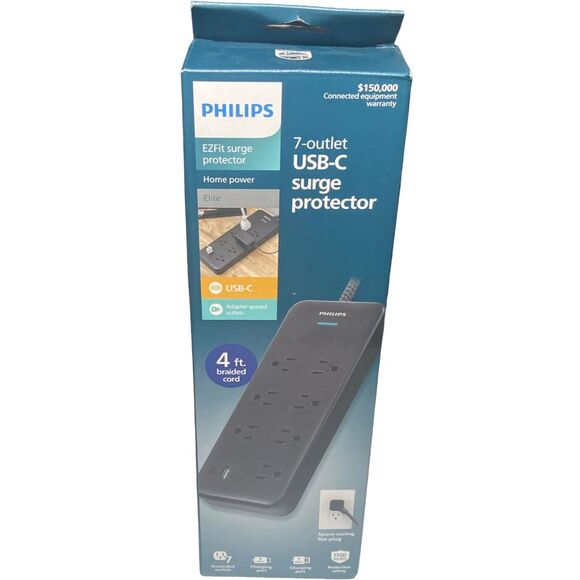 Philips 7 Outlet Surge Protector Power Strip USB Charging 4ft Cord Black - Picture 1 of 8
